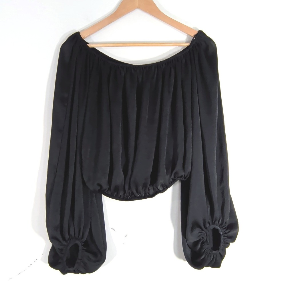 HYFVE Black Off Shoulder Crop Top; Long Balloon Sleeve Satin Blouse HF21C235